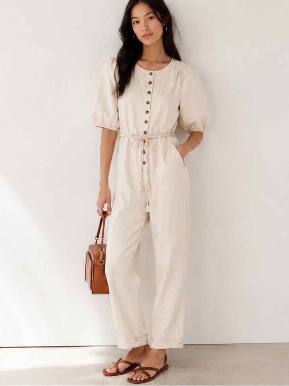Madewell Women's Linen Blend Jumpsuit Puff-Sleeve Tassel-Tie Ivory Sz Medium NWT - Picture 3 of 8